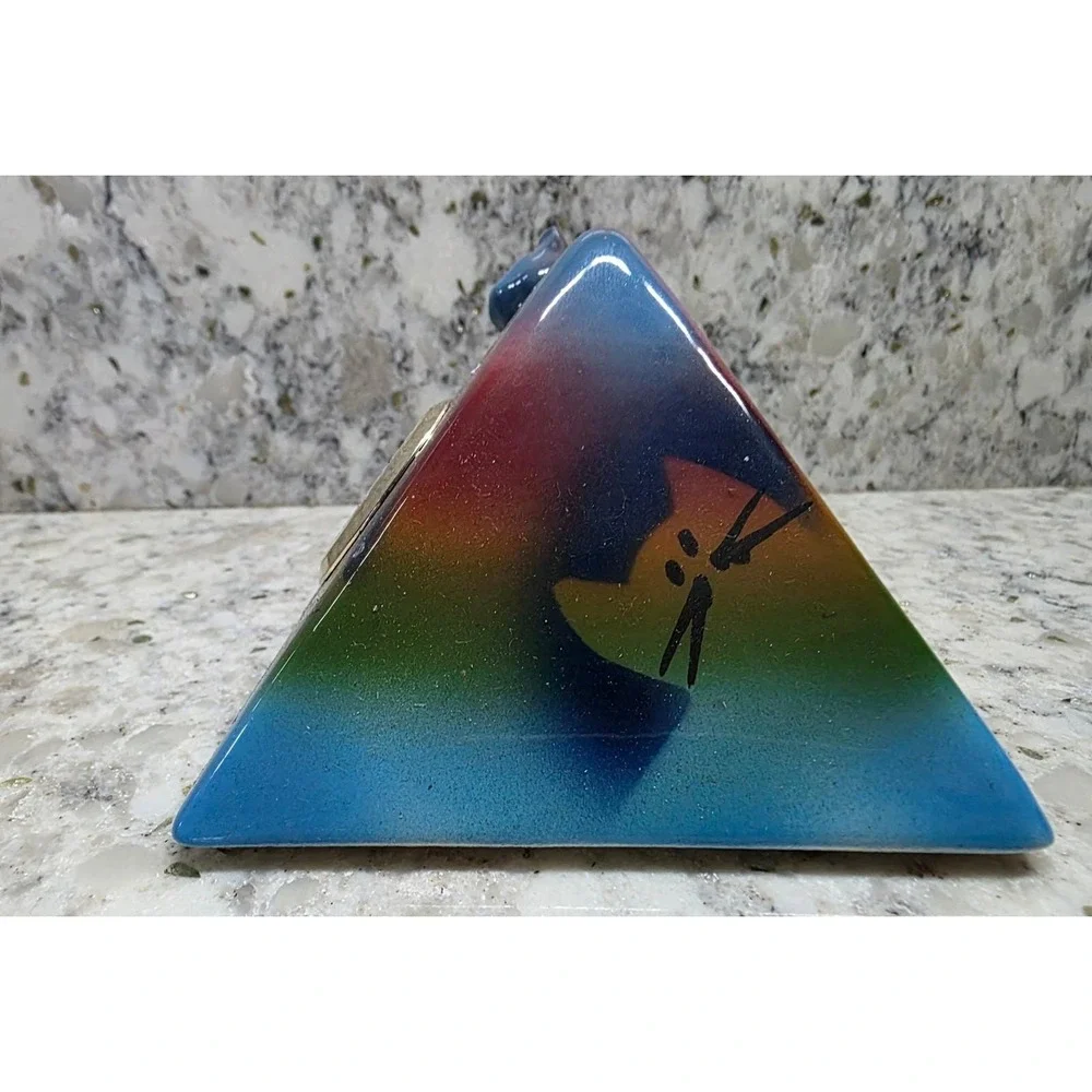 Signed D. Stiles Ceramic Cat Quartz Clock Pyramid Colorful Unique Decor‎